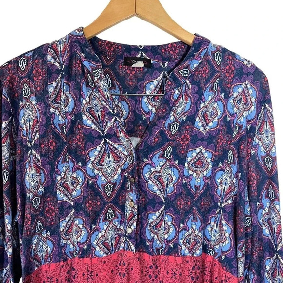 Cocomo Blouse V Neck Stretch Knit Multicolor Long Sleeves Kaleidoscope Casual - Picture 3 of 6
